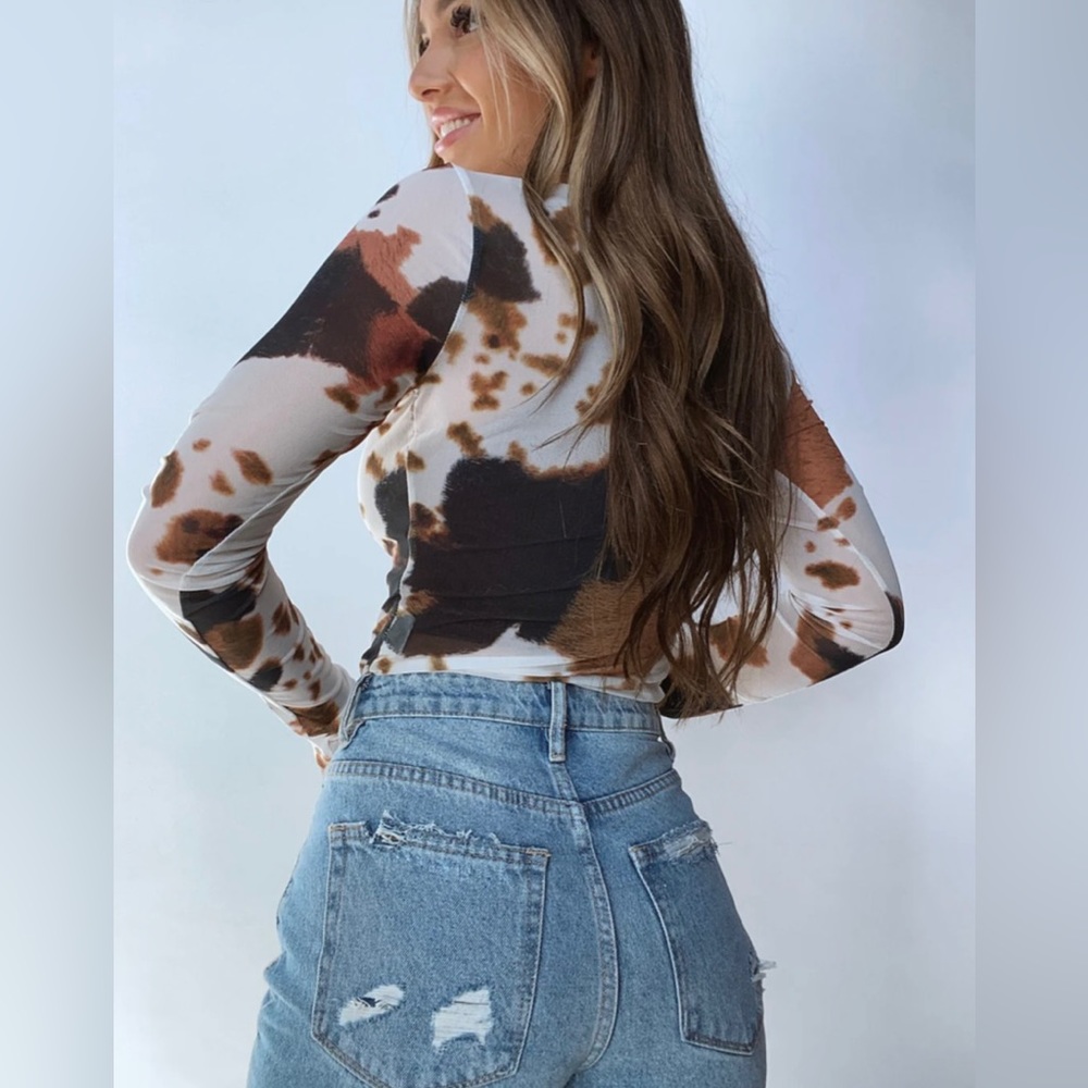 Howdy Mesh Cowprint Bodysuit Top - Willow Boutique